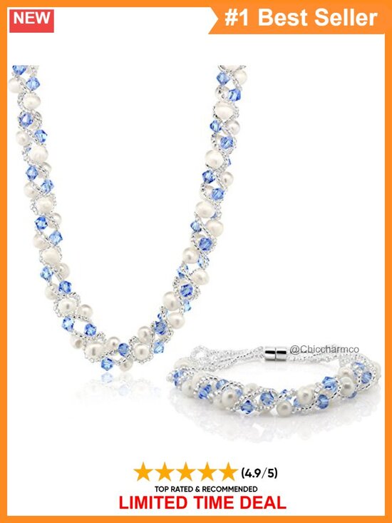Jewelry - Freshwater Pearl Crystal Necklace Bracelet Set 17in 6.5in Women